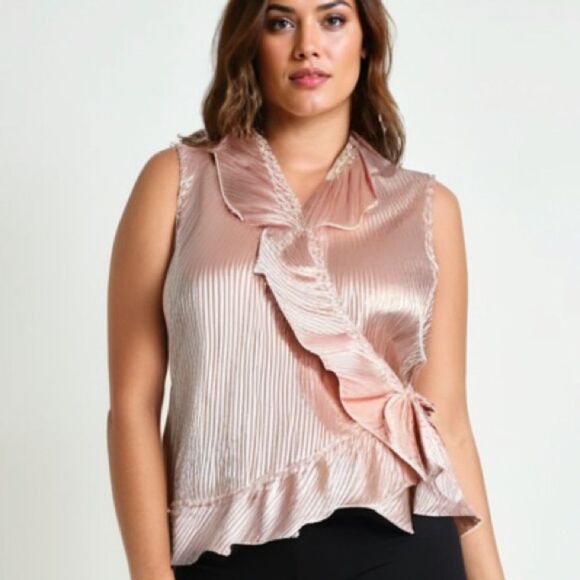 Vintage Y2K Cathaya‎ Pink Pin-Stripe Ruffle Wrap Blouse - L - Picture 1 of 14